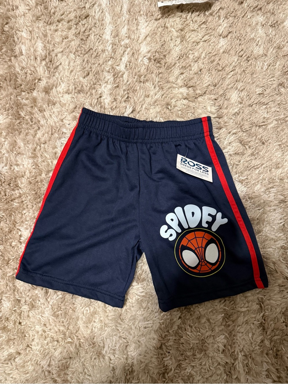 Marvel Navy Athletic Shorts with Red Stripes and Spidey Graphic. Size 5